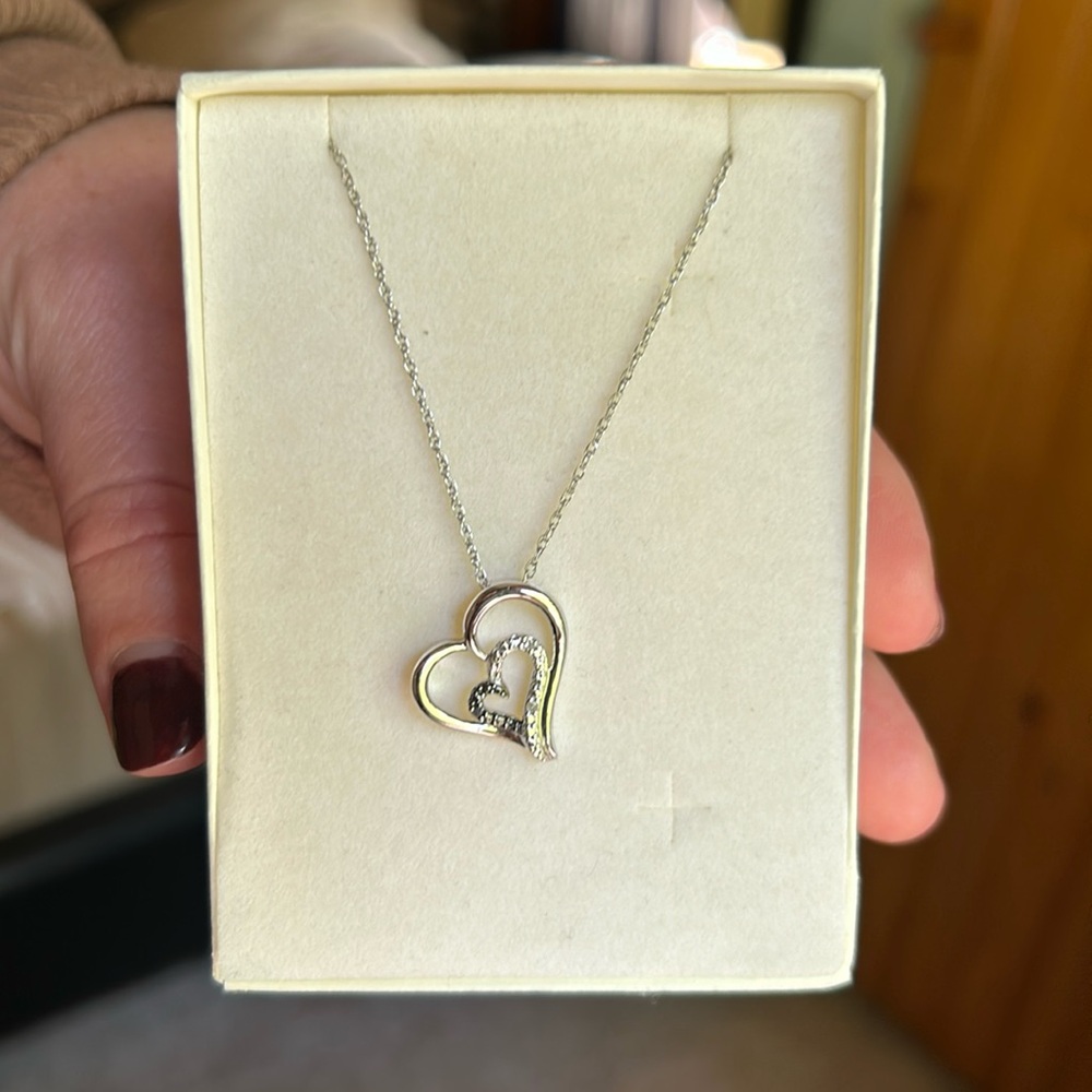 Black & White DIAMOND 925 Sterling Silver Heart Pendant 18" Necklace